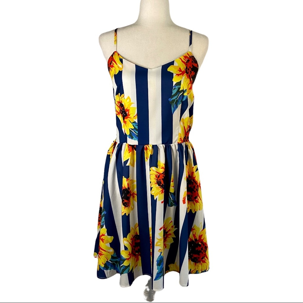 Shein Sunflower Blue White Stripe Spaghetti Strap Knee Length Sundress Size L